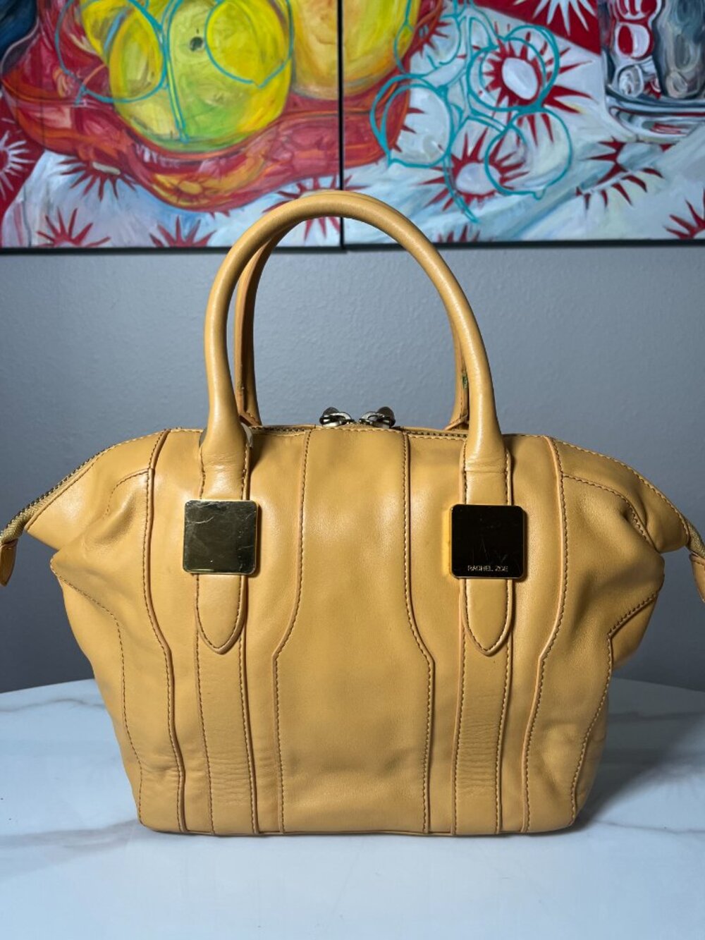 Rachel Zoe Camel Convertible Leather Satchel Bowler Tote Shoulder Bag - Picture 6 of 16